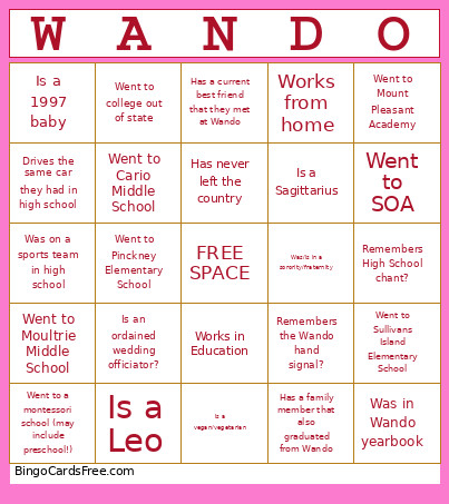 WHS 2016 Reunion Bingo Card