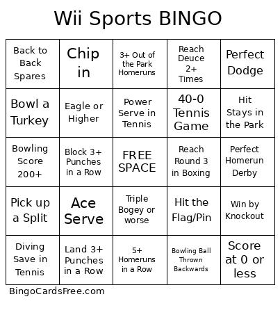 WII SPORTS Bingo Card