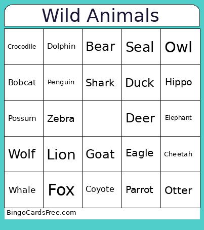 Wild Animals Bingo Card
