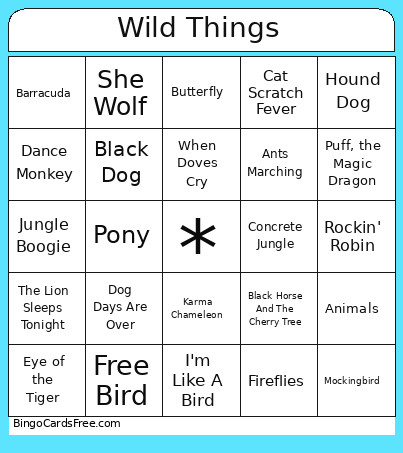 Wild Things Bingo Card