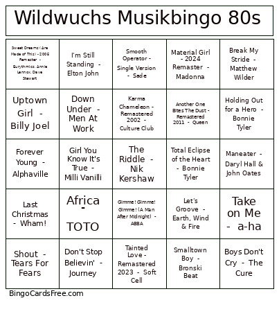 Wildwuchs Musik 80s Bingo Card