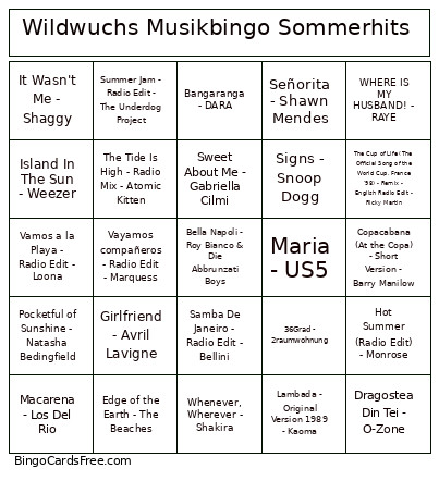 Wildwuchs Musik Sommerhits Bingo Card