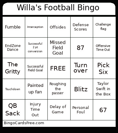 Willa's Football Bingo Card