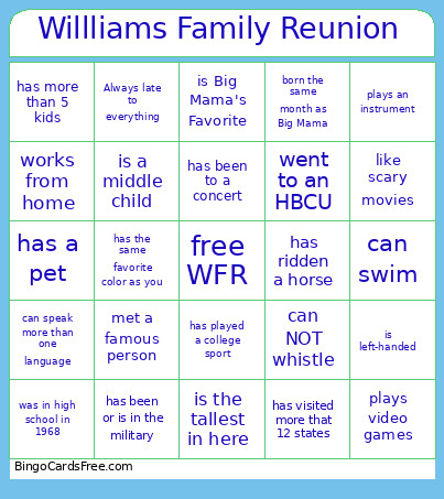 Willliams Family Reunion Bingo Card