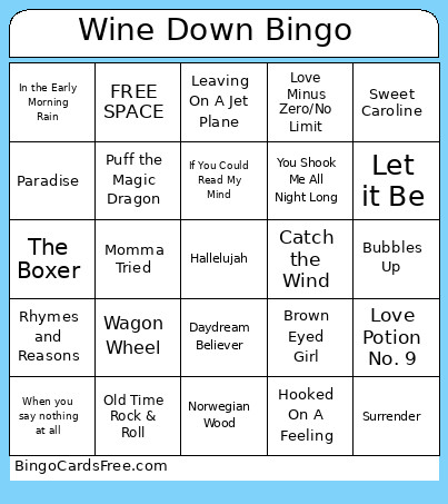 Wine Down Bingo Card