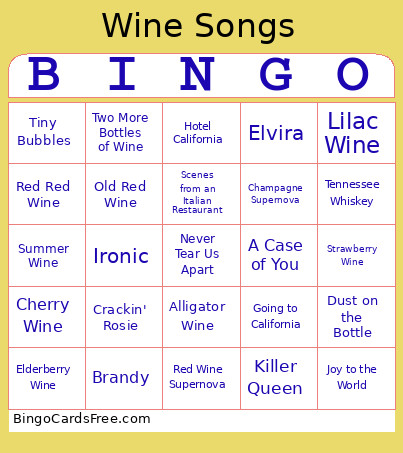 Wine Songs Bingo Card