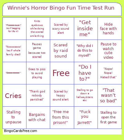 Winnie's Horror Fun Time Test Run Bingo Card