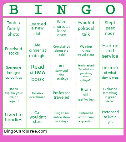 Winter Break Bingo Card