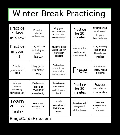 Winter Break Practicing Bingo Card