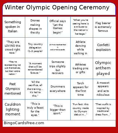 Winter Olympic Opening Ceremony Bingo Card