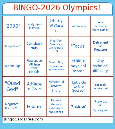 Winter Olympics 2026 Bingo Card
