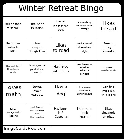 Winter Retreat Bingo Card