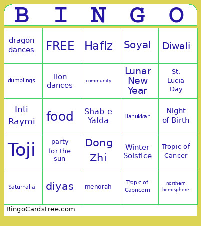 Winter Solstice Bingo Card