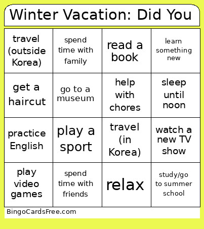 Winter Vacation: Did You Bingo Card