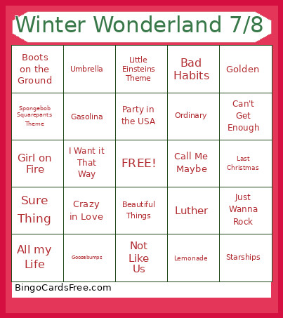Winter Wonderland 7/8 Bingo Card