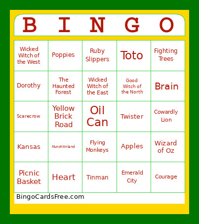 Wizard Of Oz Bingo Card