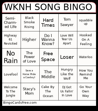 WKNH #1 Bingo Cards Free Pdf Printable Game, Title: WKNH SONG BINGO