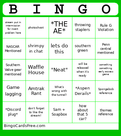 WNCRR Stream Bingo Card