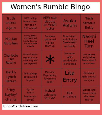 Women's 2025 Royal Rumble Bingo Cards Free Pdf Printable Game, Title: Women's Rumble Bingo