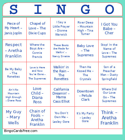 Women's Music Appreciation Bingo Card