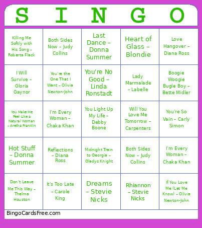 Women's Music Appreciation 70's Bingo Card