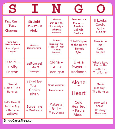 Women's Music Appreciation 80's Bingo Card