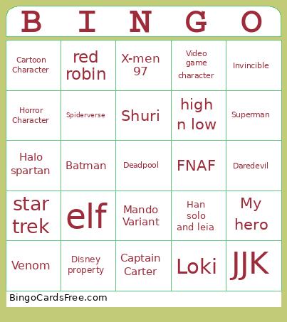 Wondercon Cosplay Bingo Card