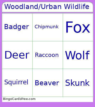 Woodland/Urban Wildlife Bingo Card