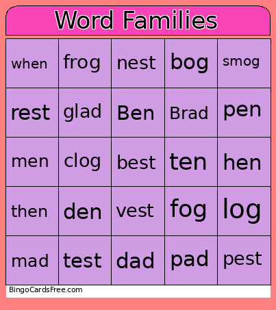 Word Families Bingo Card