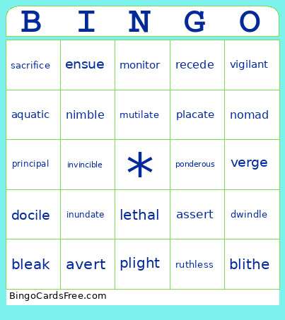 WordlyWise List 10 Bingo Card