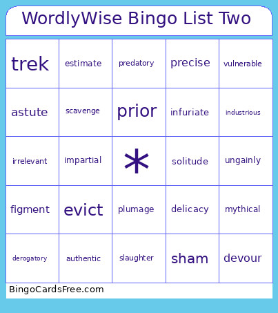 WordlyWise List Two Bingo Card
