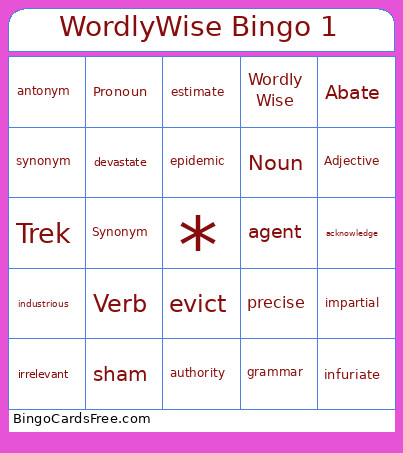 WordlyWise One Vocabulary Bingo Card
