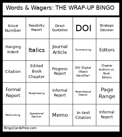 Words & Wagers: THE WRAP-UP Bingo Card