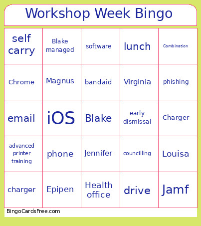 Workshop Week Prototype Bingo Card
