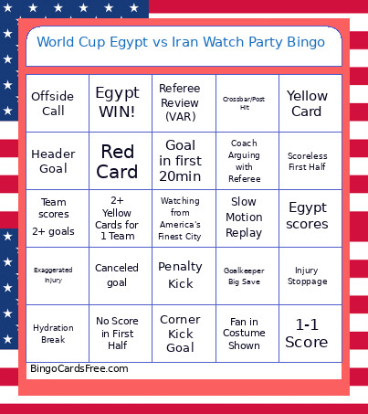 World Cup Egypt Vs Iran Watch Party Bingo Card
