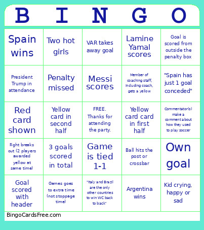 World Cup Final Bingo Card
