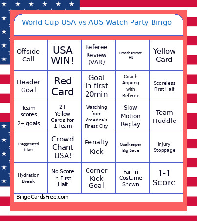 World Cup USA Vs AUS Watch Party Bingo Card