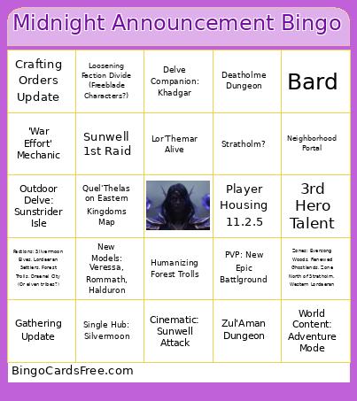 World Of Warcraft: Midnight Reveal Bingo Card