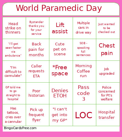 World Paramedic Day Bingo Card