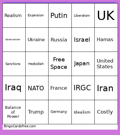 World Politics IR Bingo Card