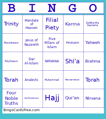 World Religions Vocab Bingo Card