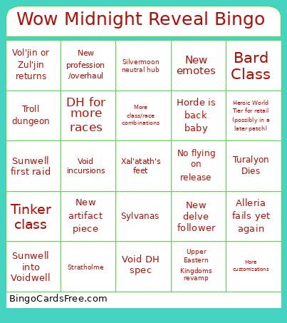 Wow Midnight Reveal Bingo Card