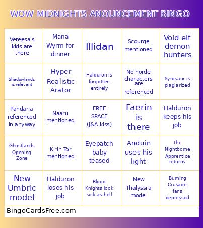 WOW MIDNIGHTS ANOUNCEMENT Bingo Card