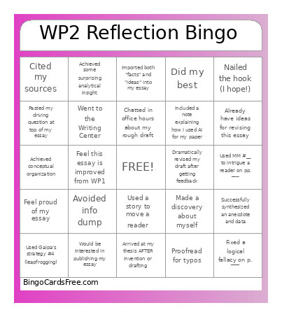 WP2 Reflection Bingo Card