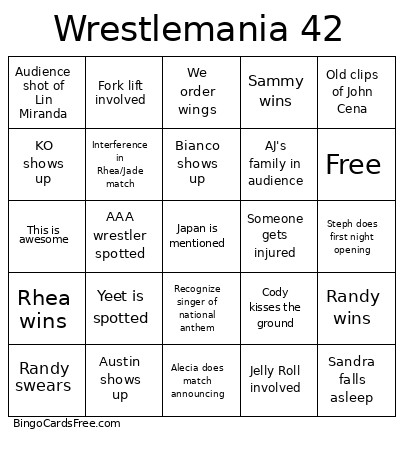 Wrestlemania 42 Bingo Card