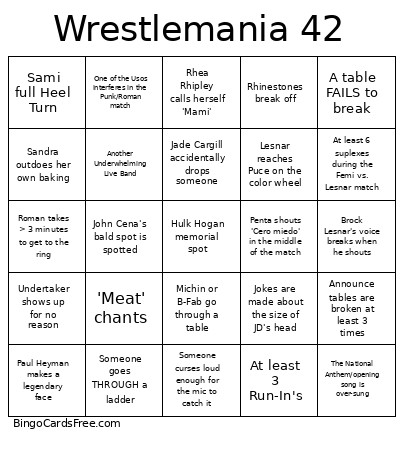 Wrestlemania 42 Bingo Card