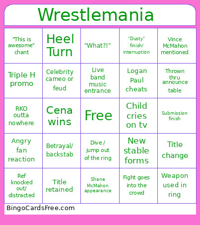 Wrestlemania Bingo Card