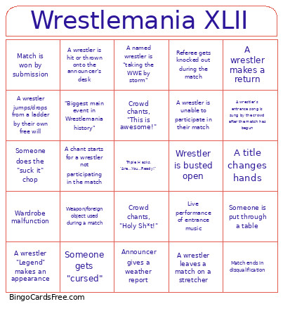 Wrestlemania XLII Bingo Card