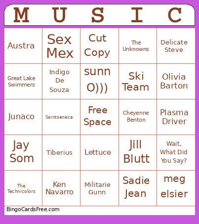 WRFL Music Bingo Card