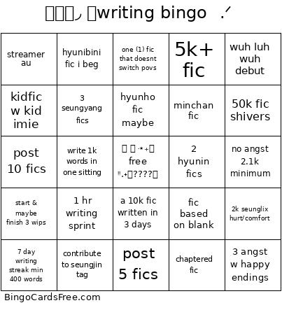 Yahoo Bingo Cards Free Pdf Printable Game, Title: ꒰୨୧◞ 。writing bingo⠀.ᐟ
